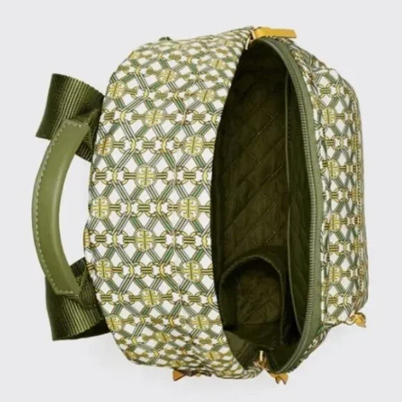 RARE Tory Burch Piper Bag Printed Backpack Green Gemini Link Satin Quilt Lined - Picture 3 of 5